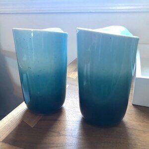 Pair (2) of Anthropologie Ceramic Travel Coffee Tumblers - Ombre Blue/Turquoise
